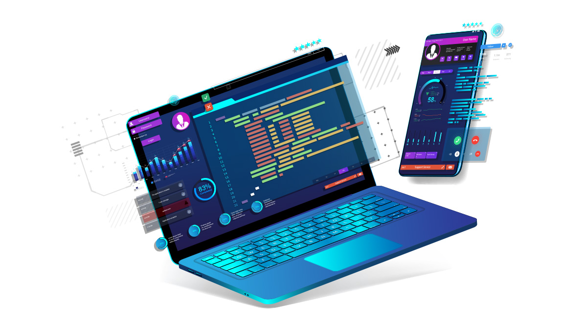 Ilustracija digitalnog softverskog interfejsa na laptopu i mobilnom telefonu – praćenje vozila u realnom vremenu
