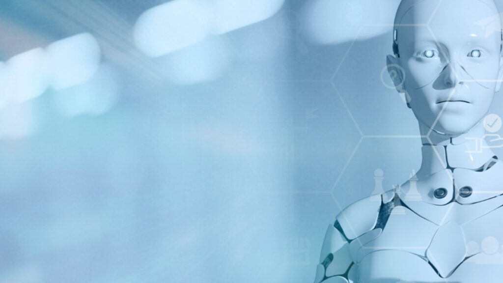Prikaz AI robota okruzenog digitalnim ikonicama.