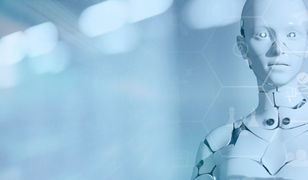 Prikaz AI robota sa digitalnim ikonicama.