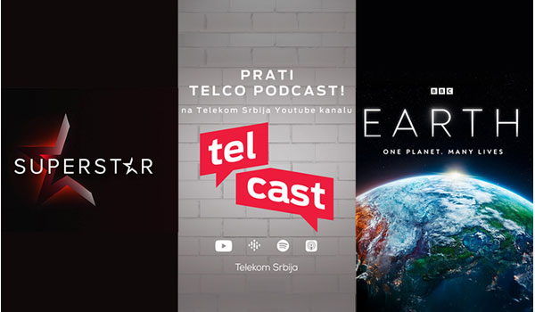 Prikaz promotivnih vizuala za mts video klub: Superstar, Telcast podcast i BBC Earth poster sa prikazom Zemlje i sloganom 'One planet. Many lives.