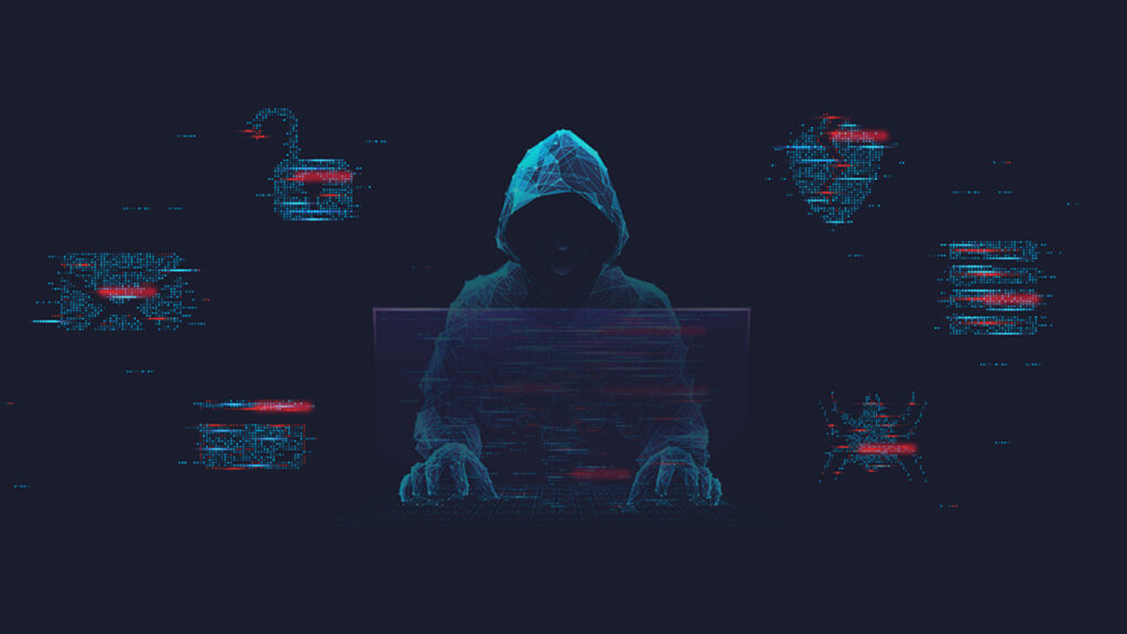 Digitalna ilustracija hakera u kapuljači ispred tamne pozadine sa mrežom podataka, simbol sajber napada.