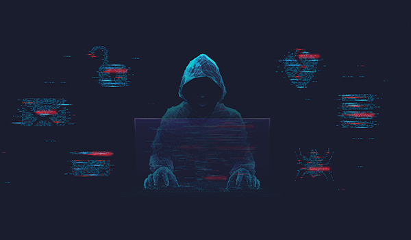 Digitalna ilustracija hakera u kapuljači ispred tamne pozadine sa mrežom podataka, simbol sajber napada.