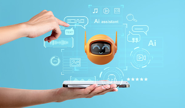 Asistirana komunikacija, 2025-Ilustracija digitalnog AI asistenta koji lebdi iznad pametnog telefona, okružen ikonama za poruke, muziku, tekst i pretragu.