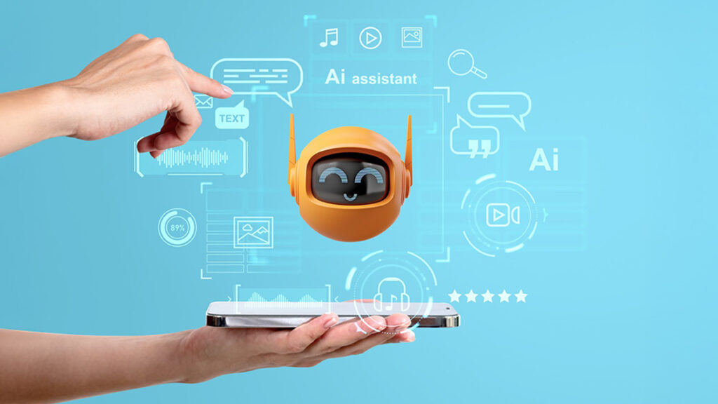 Asistirana komunikacija, 2025-Ilustracija digitalnog AI asistenta koji lebdi iznad pametnog telefona, okružen ikonama za poruke, muziku, tekst i pretragu.