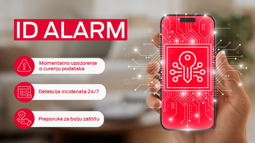 ID Alarm - Mobilni telefon sa ID Alarm aplikacijom koja upozorava na curenje ličnih podataka, 2025