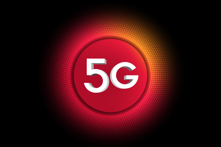 5G logo u crvenom krugu sa radijalnim tačkastim efektom