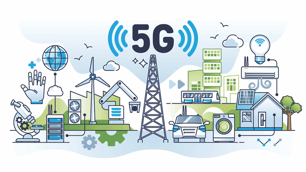 Ilustracija 5G tehnologije i IoT uređaja u industriji, transportu, pametnim gradovima i pametnim kućama