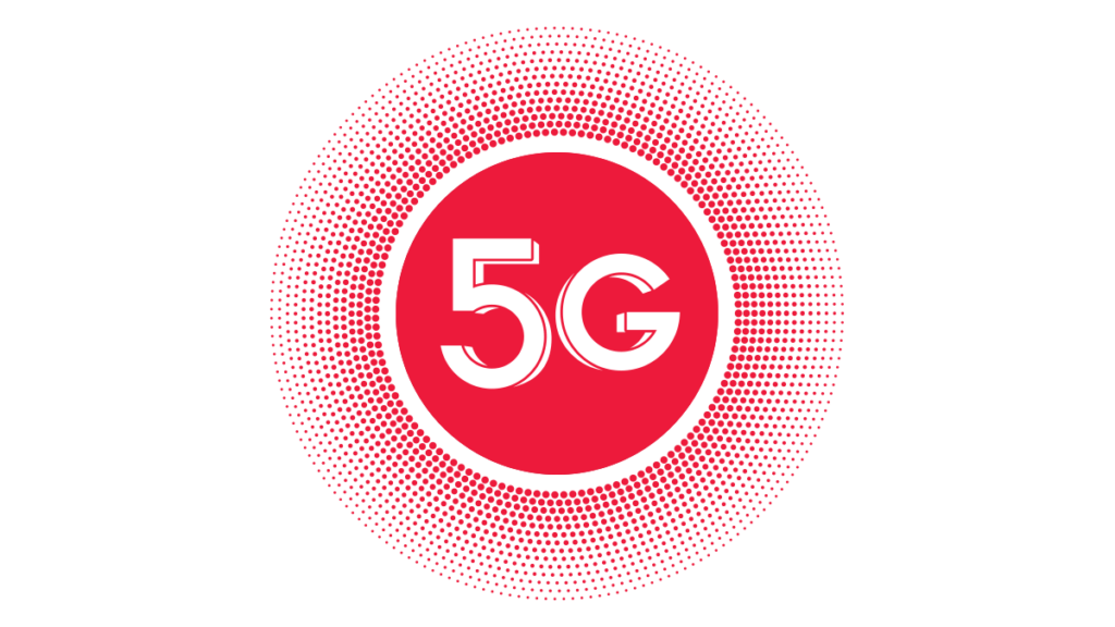 5G logo u crvenom krugu sa radijalnim tačkastim efektom