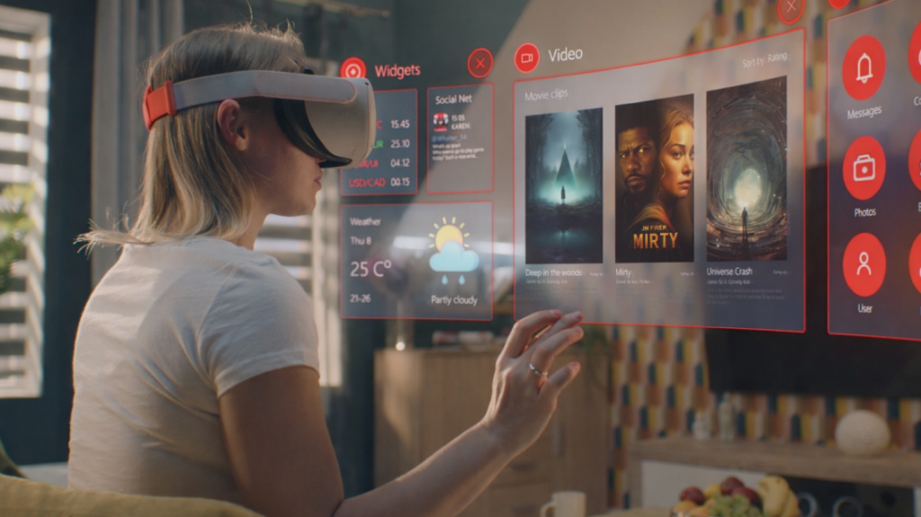 Osoba koristi VR naočare i pametni TV interfejs , budućnost 2026.