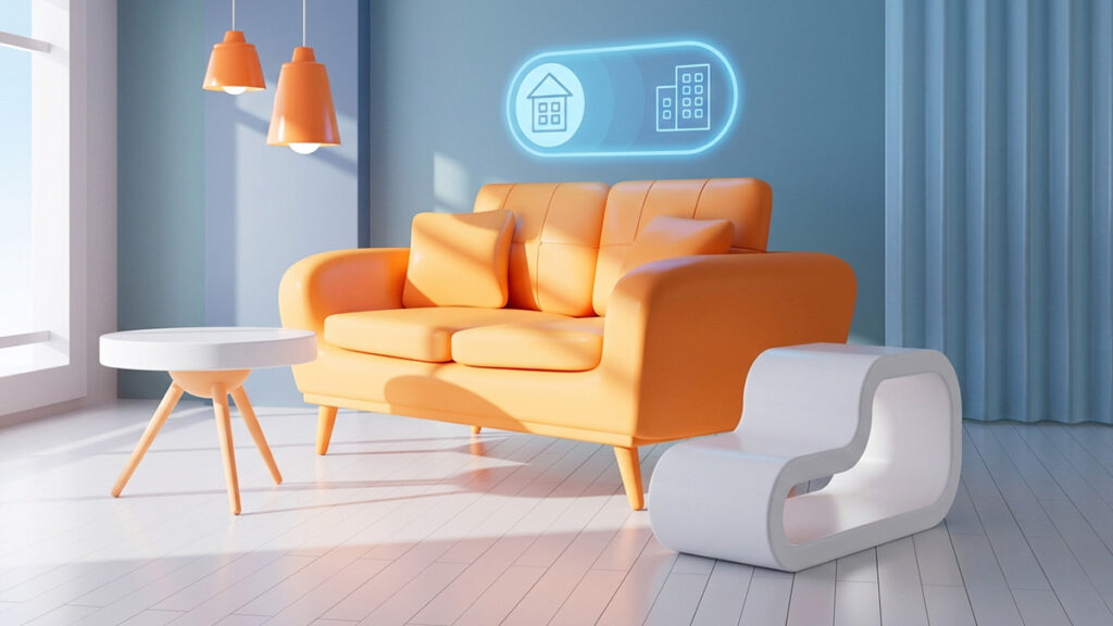 Dnevi boravak sa futuristički dizajniranim pametnim nameštajem, era, 2026