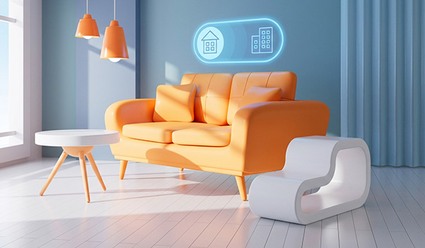 Dnevi boravak sa futuristički dizajniranim pametnim nameštajem, era, 2026